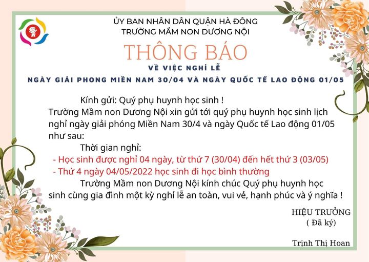 THÔNG BÁO LỊCH NGHỈ LỄ 30/4 VÀ 1/5 NĂM 2022