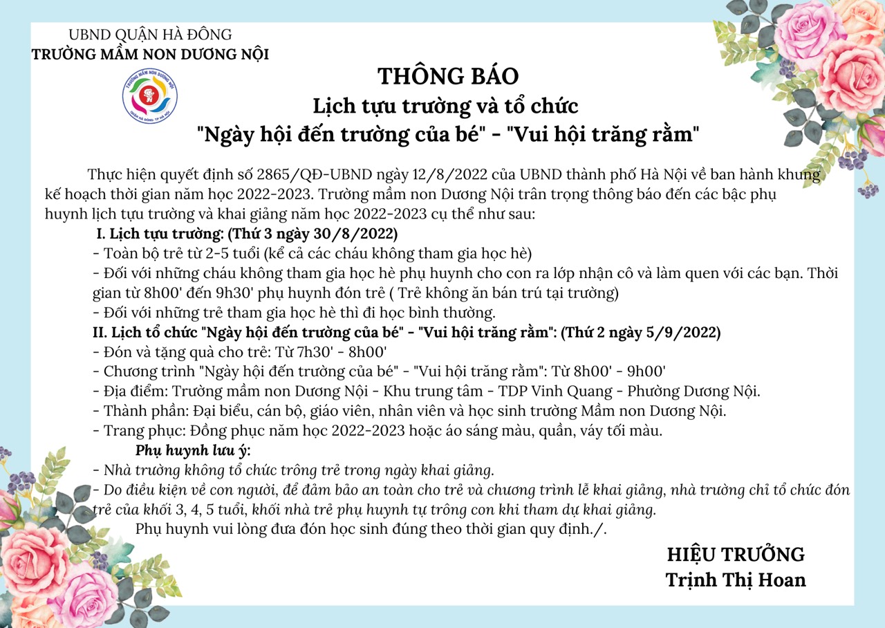 THÔNG BÁO LỊCH TỰU TRƯỜNG